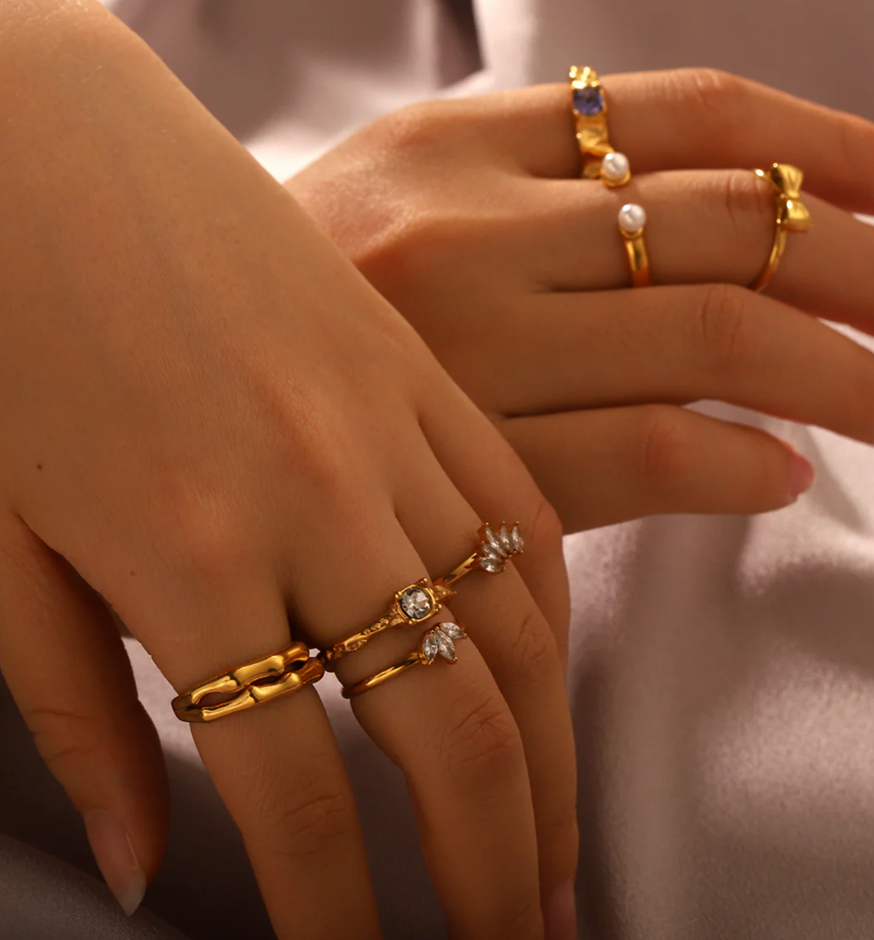 18K Gold Plated Stainless Steel Zircon Stone Crown Ring Set